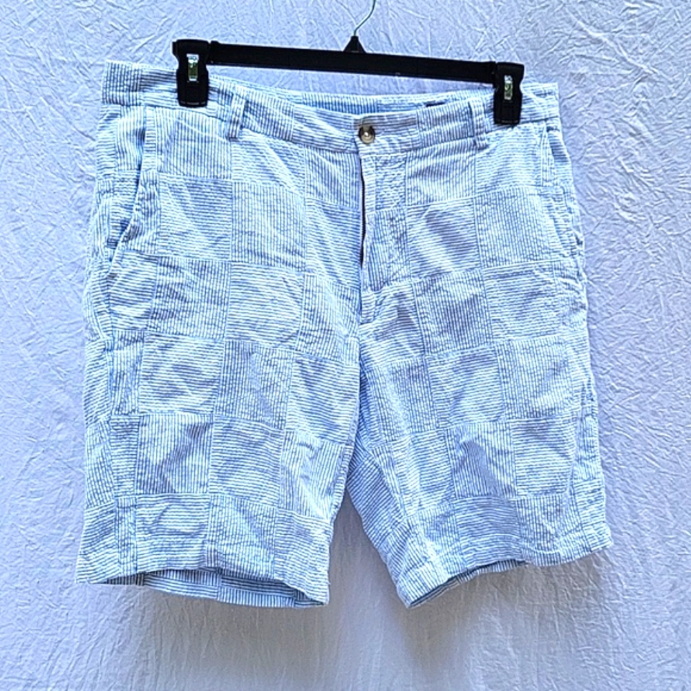 Men's Vineyard Vines breaker shorts, light blue stripe patchwork pattern, sz 34